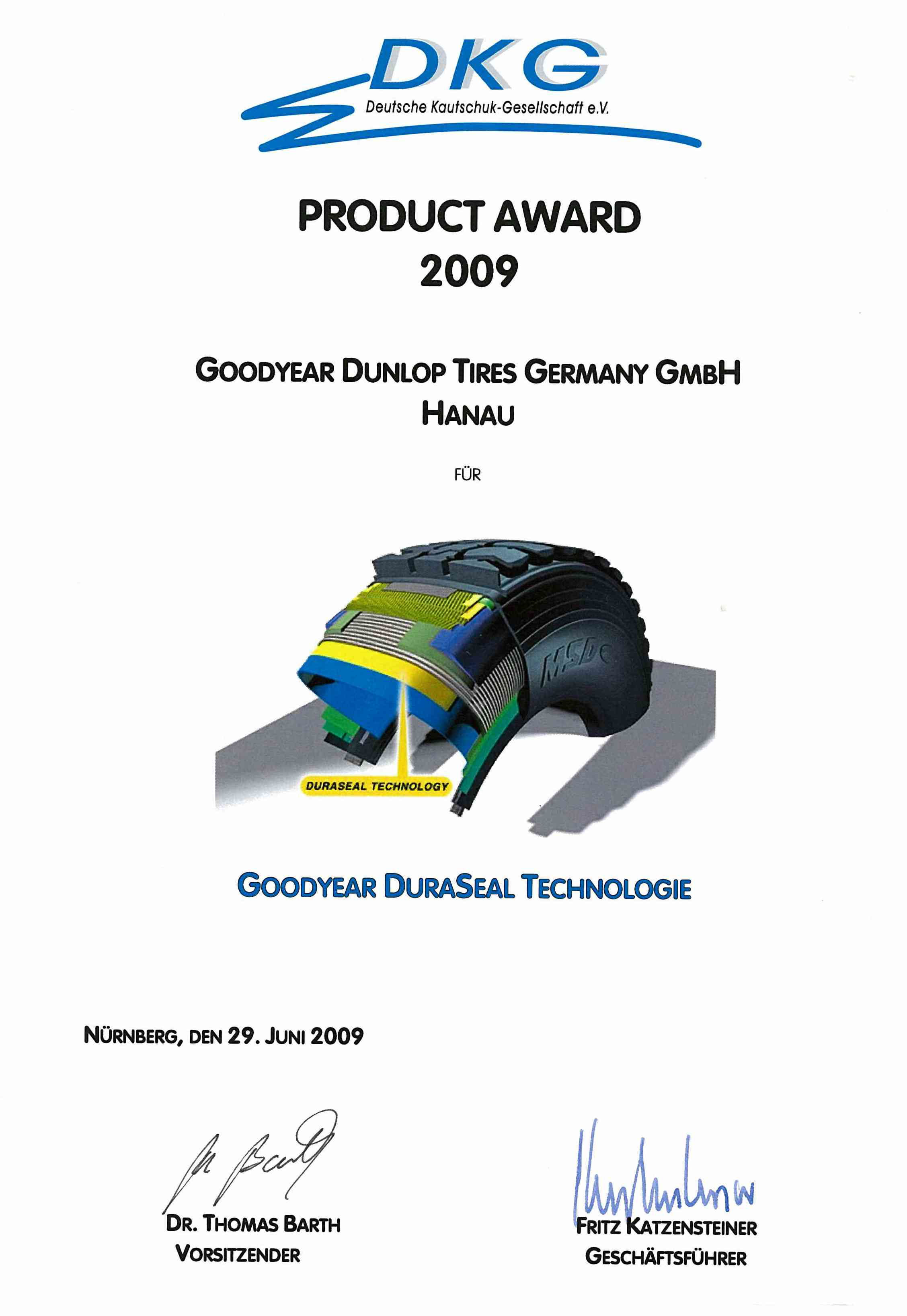 Goodyears „DuraSeal“ mit dem Product Award der DKG ausgezeichnet
