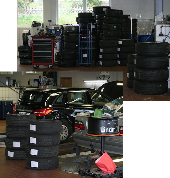 Dass das Reifengeschäft im Mercedes-Autohaus Lindmüller eine gewisse Rolle spielt, ist beim Blick in die Werkstatt unverkennbar