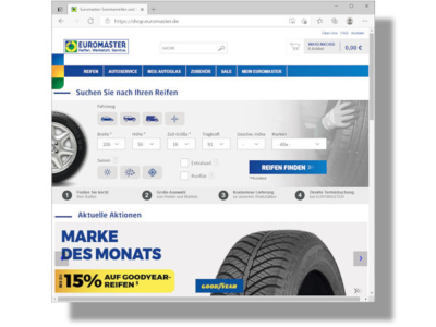 In seinem Onlineshop hat die Michelin-Handelskette Goodyear als „Marke des Monats“ ausgerufen und gewährt anlässlich dessen dort noch bis zum 4. Mai bzw. solange der Vorrat reicht Rabatte von „bis zu 15 Prozent“ auf Reifen des Wettbewerbers (Bild: Screenshot)