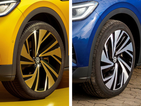 Auf offiziellen VW-Pressefotos ist der ID.4 bis dato einzig und allein auf Sommerreifen wie Pirellis „P Zero“ (links) oder Bridgestones „Turanza Eco“ zu sehen (Bilder: Volkswagen)