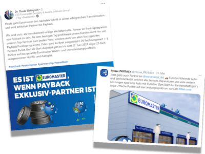 Über Social-Media-Kanäle wie Twitter oder LinkedIn verkünden sowohl Payback selbst als auch Euromaster die von ihnen geschlossene Partnerschaft (Bilder: Screenshots)