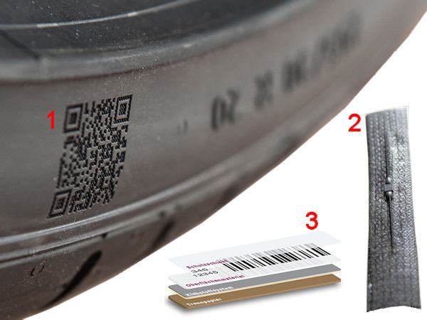 Per Laser in die Seitenwand eingravierte QR-Codes (1) oder RFID-Chips (2) sind zu Wulstetiketten (3) alternative Möglichkeiten, Reifen individuell zu kennzeichnen (Bilder: 4Jet Technologie, NRZ/Arno Borchers, Computype)
