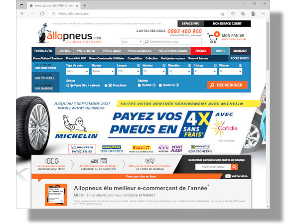Mit 6.000 Montagepartnern, jährlich etwa 27 Millionen Besuchen auf seiner Website und rund 3,6 Millionen darüber abgesetzten Pkw-Reifen kommt Allopneus Michelin zufolge auf einen 40-prozentigen Marktanteil im französischen Onlinereifengeschäft (Bild: Screenshot)