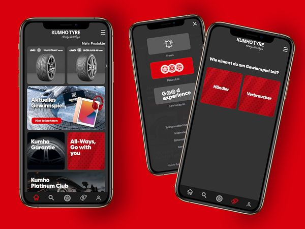 Kumhos neue Marketing-/Gewinnspiel-App ist für Händlern und Endverbrauchern gleichermaßen gedacht und steht ab sofort für alle Geräte mit Apple- und Android-Betriebssystem in den jeweiligen Shops zum Herunterladen bereit (Bild: Kumho Tire)