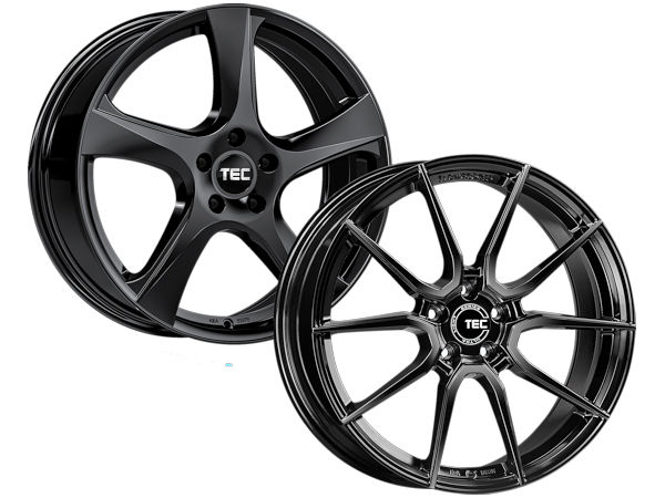 Das Modell „AS5“ (links) der Gewe-Marke Tec Speedwheels wird als völlig neu konzipierte Ganzjahresfelge beschrieben, während das „GT Race I“ genannte Rad „eine der leichtesten Felgen auf dem Markt“ sein soll (Bild: Gewe Reifengroßhandel GmbH)
