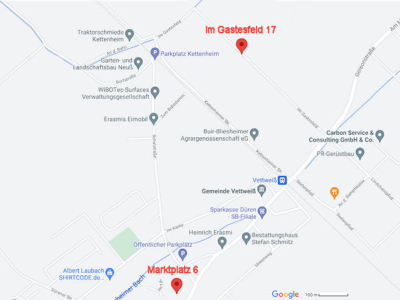 RTS ist innerhalb von Vettweiß umgezogen: Das Unternehmen residiert nicht mehr unter der Adresse Marktplatz 6, sondern ist ab heute nur ein Kilometer entfernt davon zu Hause Im Gastesfeld 17 (Bild: Google Maps/Screenshot)