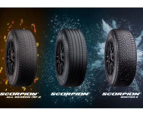 Der „Scorpion“-Sommerreifen und der „Scorpion All Season SF2“ für den ganzjährigen Einsatz sind laut Pirelli bereits erhältlich, der „Scorpion Winter 2“ für die kälteren Monate des Jahres soll „bald“ folgen (Bild: Pirelli/Screenshot)