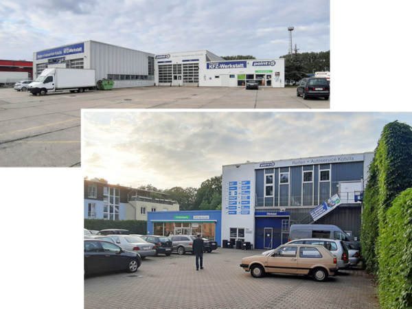 Die beiden Potsdamer Betriebe von Reifen + Autoservice Kotulla – also derjenige vor allem für Pkw-Kunden (Vordergrund) genauso wie der für den Nutzfahrzeugservice – sind seit dem 1. Februar Teil der Pneuhage Reifendienste Ost GmbH (Bilder; Pneuhage)
