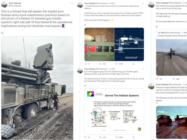 Trent Telenko, Quality Technical Lead bei der US-amerikanischen DCMA, spekuliert über seinen persönlichen Twitter-Account öffentlich darüber, dass möglicherweise mangelnde Reifenwartung an bzw. Reifenpannen von russischen Militärfahrzeugen den Vormarsch russischer Truppen in der Ukraine verlangsamen (Bild: Screenshot)
