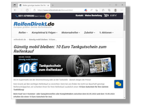 Käufern von vier Sommer- oder Ganzjahresreifen respektive Kompletträdern über ReifenDirekt verspricht der Internetreifenhändler Delticom einen Aral-Tankgutschein über zehn Euro (Bild: Screenshot)