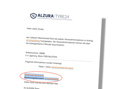 Betrüger haben laut der Alzura AG die Versandinformations-E-Mail ihrer B2B-Plattform Tyre24 im Detail nachgebaut und versenden diese an die gewerblichen Kunden, die darin enthaltene Links nach den Worten des Unternehmens auf keinen Fall anklicken sollten (Bild: Alzura)