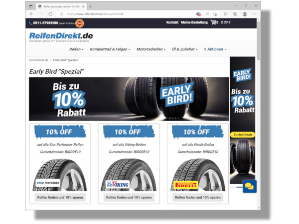 Für Reifen der Marken Star Performer, Viking und Pirelli gewährt Delticom auf seiner ReifenDirekt-Plattform derzeit zehn Prozent Rabatt, für Reifen anderer Hersteller und weitere Produkte sind es fünf Prozent (Bild: Screenshot)