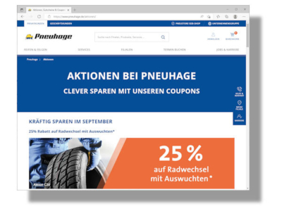 Über die Pneuhage-Website sind zahlreiche Coupons für Endverbraucher abrufbar, mit denen sie in teilnehmenden Betrieben des Reifenhandelsunternehmens „clever sparen“ können sollen bei bestimmten Dienstleistungen/Produkten (Bild: Screenshot)