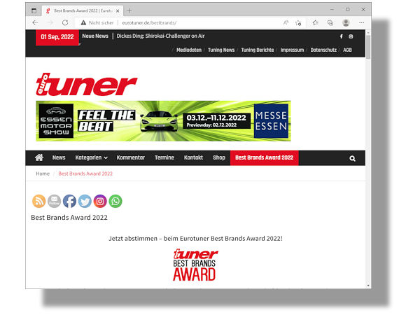Die Onlineabstimmung zu den „Eurotuner Best Brands Awards 2022“ läuft seit dem 1. September und noch bis zum 21. November www.eurotuner.de/bestbrands (Bild: Screenshot)