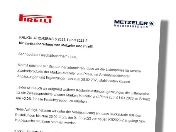 Zum 1. März kommenden Jahre erhöht Pirelli die Preise für die Zweiradprodukte seiner Marken Metzeler und Pirelli im Schnitt um drei Prozent für alle Produktgruppen (Bild: Pirelli)