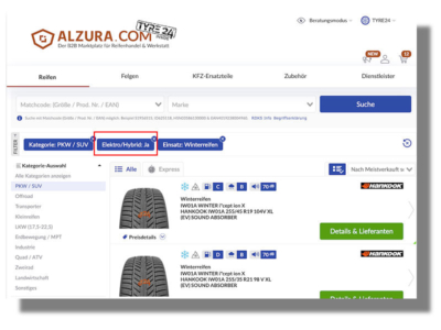 Alzura will Tyre24-Nutzern mit der auf der Plattform neu integrierten Filteroption „Elektro/Hybrid“ die Suche nach speziell für Elektro-/Hybridfahrzeuge gedachten Reifen erleichtern (Bild: Alzura AG)