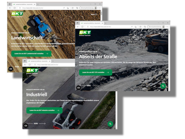 Die neue BKT-Website ist in die drei Hauptkategorien Landwirtschaft, industriell sowie OTR unterteilt und soll einen Eindruck davon vermitteln, wo das Unternehmen heute steht und gleichzeitig einen Blick in dessen Zukunft gewähren (Bilder: Screenshots)
