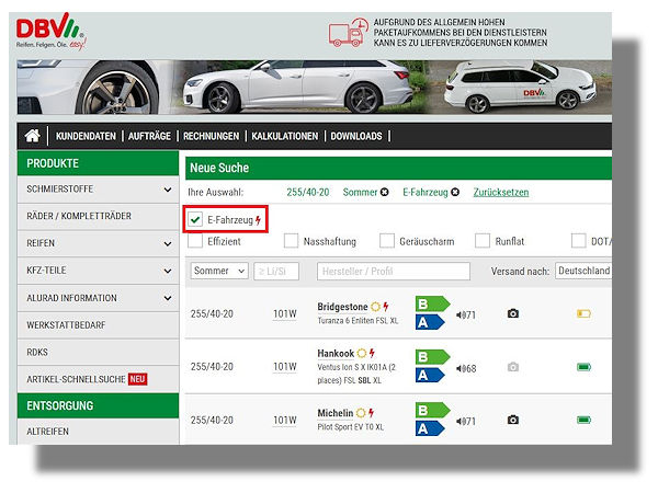 Im DBV-Händlershop kann durch den gezielten Klick in das Feld E-Fahrzeuge sie Suche nach Reifen bzw. Kompletträdern auf Produkte speziell für die entsprechende Fahrzeuggattung eingegrenzt werden (Bild: DBV Würzburg)