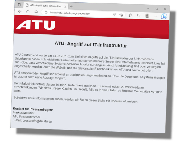 ATU ist Opfer eines Angriffes auf seine IT-Infrastruktur geworden, wovon auch die Website und die telefonische Erreichbarkeit des Unternehmens betroffen ist (Bild: Screenshot)