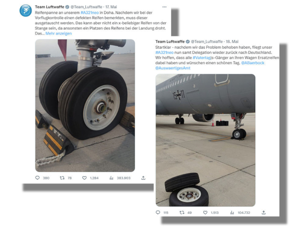 Via Twitter informierte das Team Luftwaffe über den Reifendefekt an dem Regierungsflieger, der Bundesaußenministerin Annalena Baerbock eigentlich schon am 17. Mai von Katar zurück nach Deutschland bringen sollte, dann aber erst am 18. Mai abheben konnte (Bilder: Team Luftwaffe/Twitter)