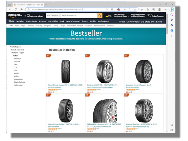In der Kategorie Reifen der Onlineplattform rangieren basierend auf Verkaufszahlen in diesen Tagen Ganzjahresprofile ganz vorne in der Gunst von Amazon-Kunden (Bild: Screenshot)
