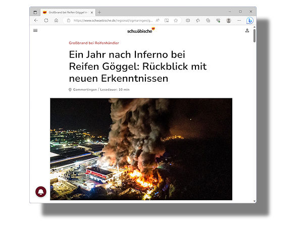 Die Schwäbische hat auf ihren Webseiten eine Liste von Fragen und Antworten zu dem Großbrand bei Reifen Göggel vor rund einem Jahr zusammengestellt (Bild: Screenshot)