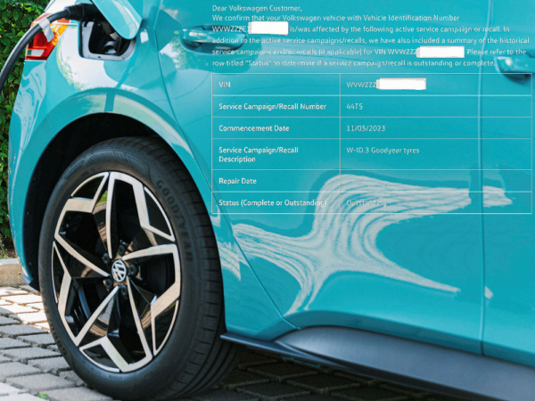 Laut VW kann es hinsichtlich bestimmter beim ID.3 als Erstausrüstung verbauter Goodyear-Reifen „aus einem begrenzten Produktionszeitraum unter Umständen zu einer Rissbildung an der Reifeninnenseite kommen“, weshalb schon im Frühjahr eine „Servicekampagne“ mit der „Rückrufnummer“ 44T5 bzw. eine entsprechende Austauschaktion gestartet wurde (Bilder: Volkswagen, MeinID/AndreasL/Screenshot)