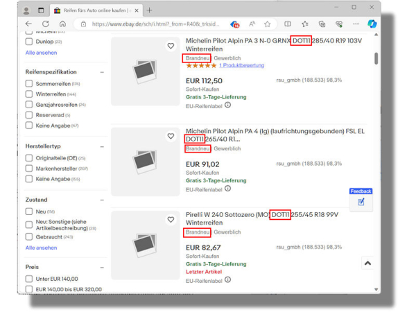 Wie passen das nur in der Produktbezeichnung auf eBay-Suchergebnislisten zu lesende „DOT11“ – entsprechend dem Produktionsjahr 2011 des Reifens – mit einer Bezeichnung als „brandneu“ zusammen? (Bild: Screenshot)