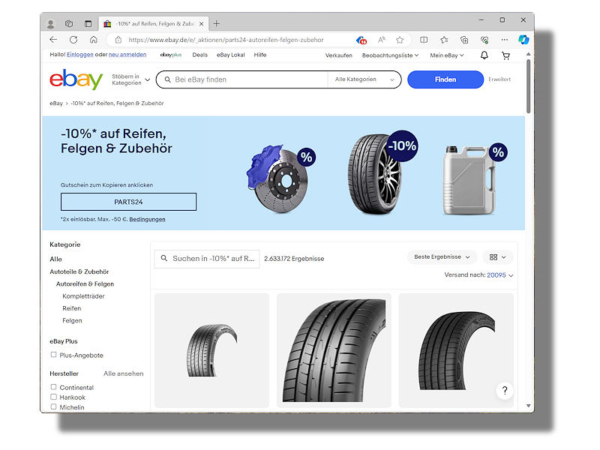 Noch bis 13. März sollen bei eBay auch beim Kauf von Reifen, Rädern und Zubehör zehn Prozent Ersparnis drin sein (Bild: Screenshot)