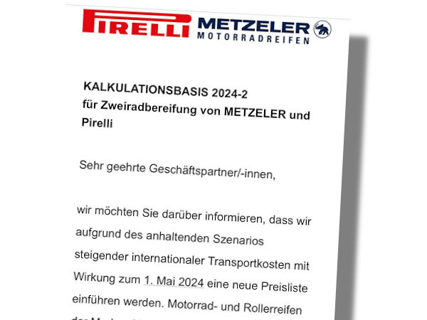 Die von dem Reifenhersteller in seinem aktuellen Kundenanschreiben verwendeten Formulierungen legen eine Preiserhöhung für Metzeler-/Pirelli-Zweiradbereifungen zum 1. Mai nahe (Bild: Screenshot)