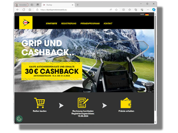 Informationen zu der Dunlop-Aktion finden Interessenten in dem speziell dafür eingerichteten Bereich unter www.dunlop-motorrad.de oder direkt über die Registrierungsseite unter www.dunlopmotorewards.eu (Bild: Screenshot)