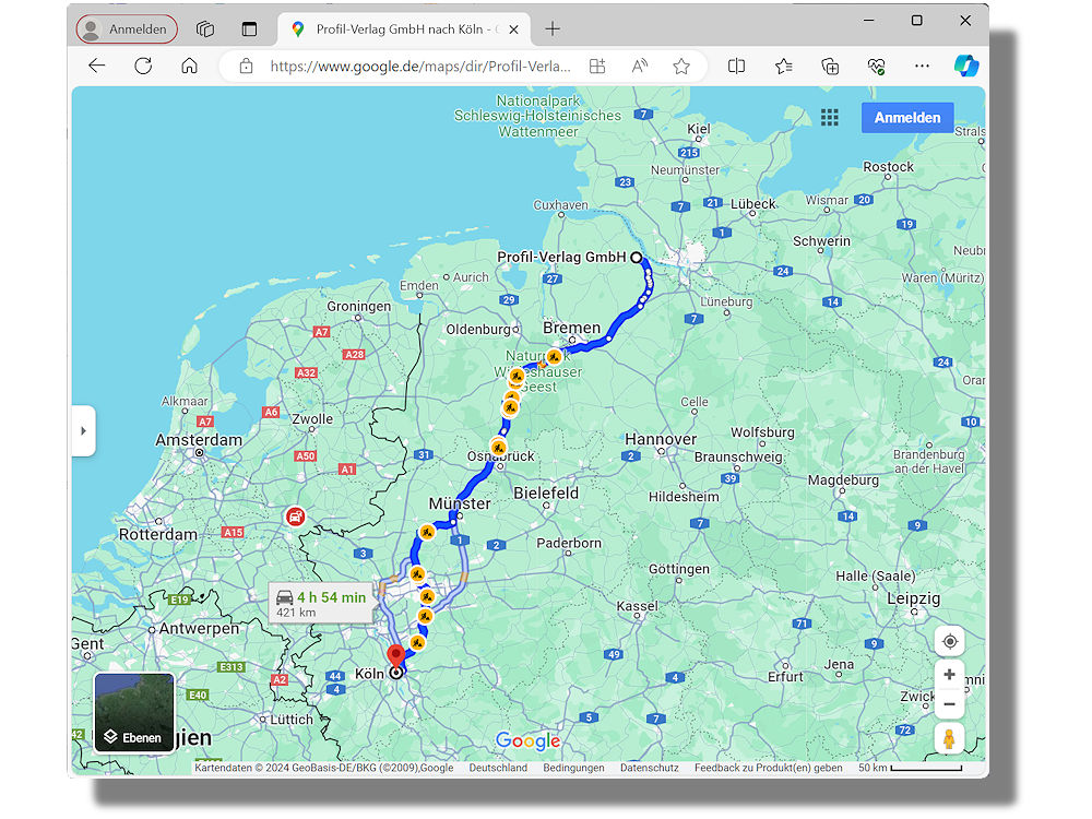 Das Team der NEUE REIFENZEITUNG macht sich vom Redaktionssitz in der schönen Hansestadt Stade jetzt demnächst auf den Weg nach Köln zur morgen dort startenden „The Tire Cologne“ (Bild: Google Maps/Screenshot)