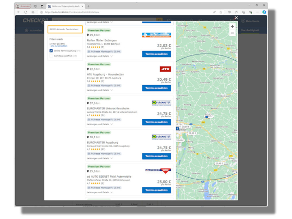 Die Zahl sogenannter Check24-Premiumpartner, unter denen Kunden beim Reifenkauf über die Preisvergleichsplattform einen Montagepartner auswählen können, wächst über die Zusammenarbeit mit Euromaster, Reifen-Müller und ATU hinaus durch die Kooperation mit der Carat-Gruppe und deren Werkstattsystemen wie Ad Autodienst noch weiter (Bild: Screenshot)