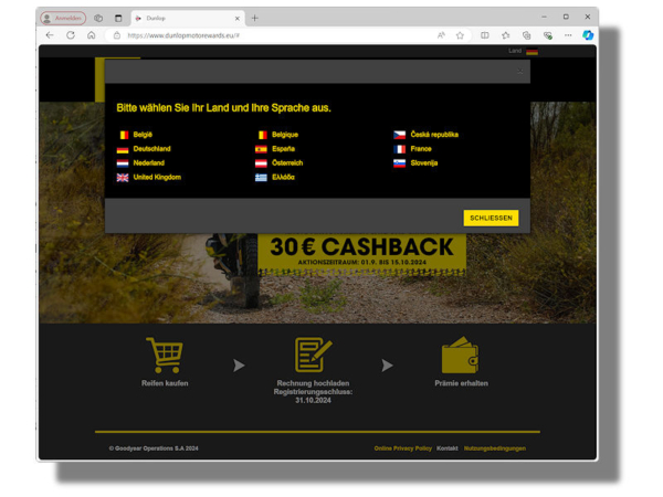 Die Aktion läuft in mehreren Ländern der EU, in deren Rahmen Dunlop Käufern bestimmter seiner Motorradreifen nach einer Registrierung unter www.dunlopmotorewards.eu eine 30-Euro-Rückerstattung verspricht, aber auch in Großbritannien, wo es 30 Pfund Cashback sind (Bild: Screenshot)