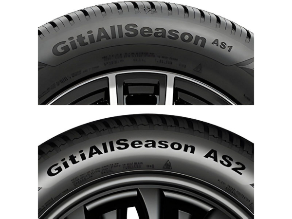 Mit dem Erscheinen seines „AllSeason AS2“ (unten) als Nachfolger des Ganzjahresreifens „AllSeasonAS1“ (oben) hat bei Giti Tire eine leicht abgeänderte Bezeichnungsweise seiner Produkte Einzug ohne Hochstellung der Segment-/Generationsdetails Einzug gehalten (Bilder: Giti Tire)