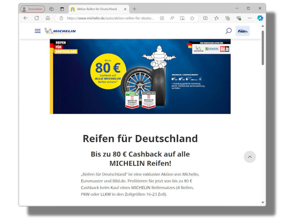 Im Rahmen der Kampagne werden Verbrauchern beim Kauf eines Satzes Michelin-Reifen bei einem Euromaster-Händler oder -Franchisepartner in Deutschland „bis zu 80 Euro Cashback“ versprochen (Bild: Screenshot)