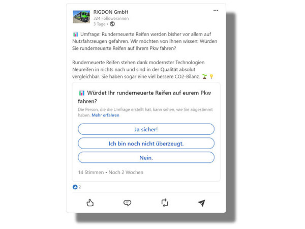 Auf ihrem LinkedIn-Profil hat die Rigdon GmbH eine Umfrage zur potenziellen Nutzung von runderneuerten Pkw-Reifen gestartet (Bild: LinkedIn/Screenshot)