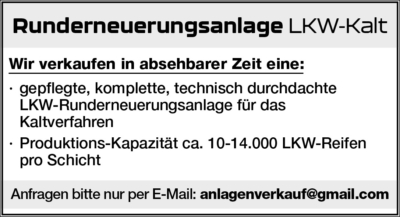 Runderneuerungsanlage LKW-Kalt zu verkaufen