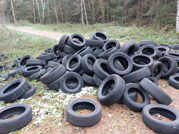 Zwischen dem 20. November 17 Uhr und dem 21. November 15 Uhr haben bisher unbekannte Täter rund 100 Altreifen auf und neben einem Weg in dem Waldstück zwischen Beuren und Heiligkreuztal Waldweg abgeladen (Bild: Polizeipräsidium Ulm)