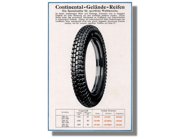 Laut Continental-Produktkatalog handelte es sich bei dem 1934 von dem deutschen Hersteller auf den Markt gebrachten „Gelände“-Winterprofil um einen Motorradreifen (Bild: Continental)