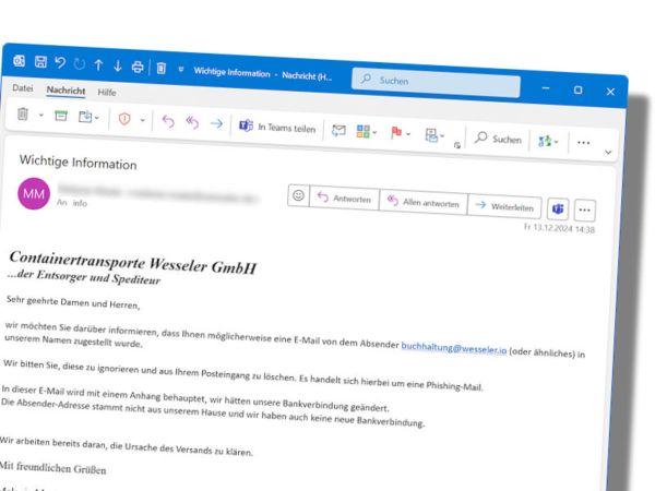 Laut dem Altreifen-/Altgummientsorger aus Melle verschicken Unbekannte derzeit Phishingmails im Namen des Unternehmens, die potenzielle Empfänger – so die dringliche Empfehlung – ignorieren bzw. löschen sollten (Bild: Screenshot)