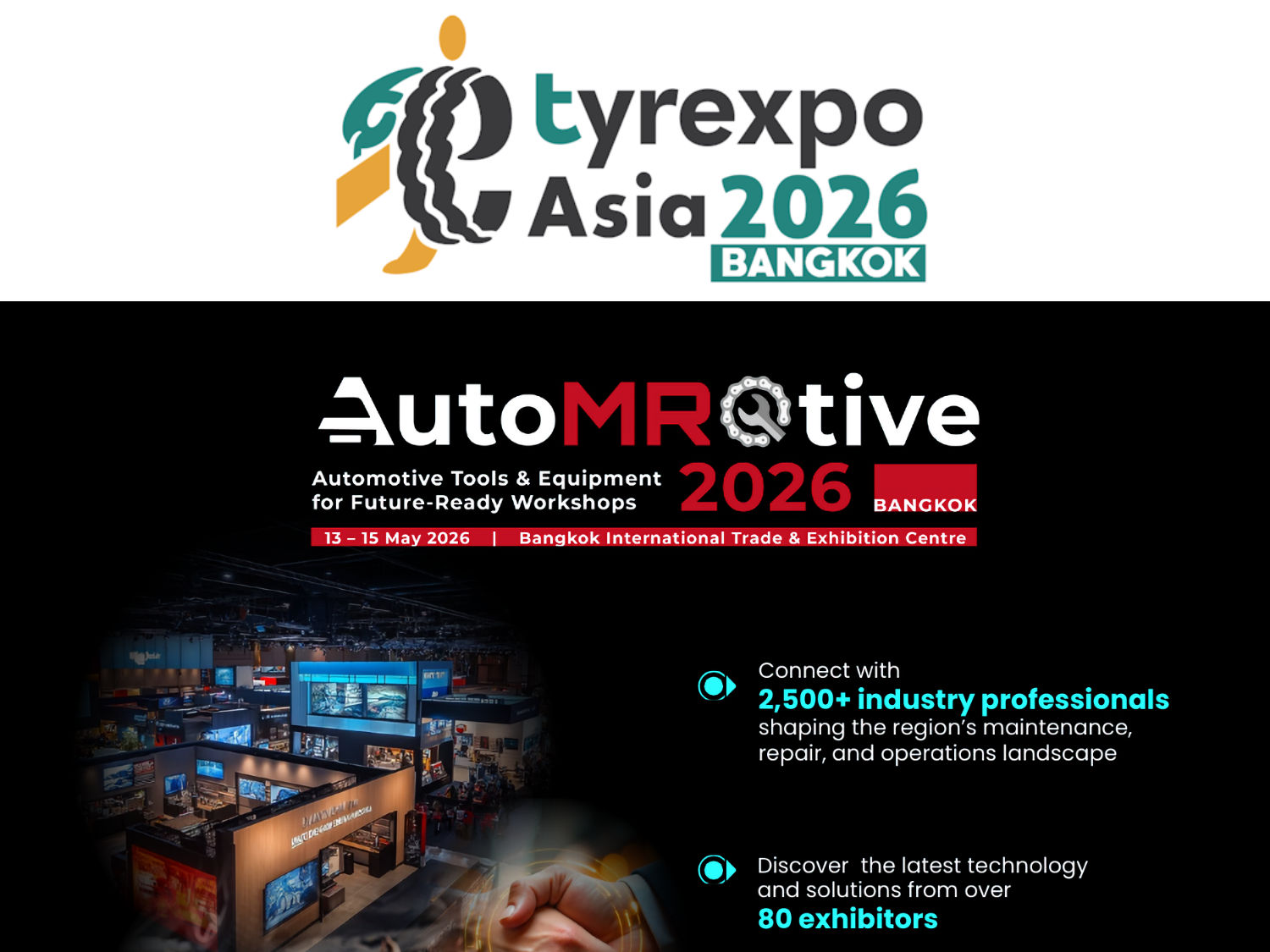 Mitte Mai findet in Bangkok wieder die Tyrexpo Asia statt, und zwar erstmals zusammen mit der AutoMROtive genannten Werkstattmesse (Bilder: Informa Markets)